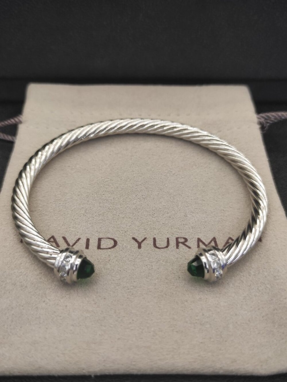 David Yurman—Silver—5mm Deep Green Diamond-Set Drill-Head Bracelet